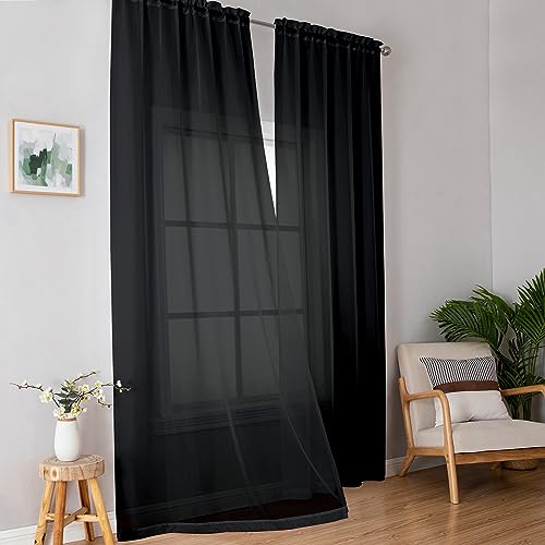 Image of Simplebrand Black Sheer Curtains 96 Inches Long, Light Filtering Rod Pocket Solid Color Window Sheer Curtain Panels, Elegant Curtains & Drapes for Living Room, Bedroom 2 Panels (Black, 42 inch W x 96 inch L)