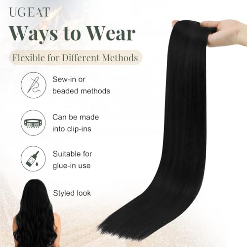 Image of Ugeat Sew in Hair Extensions Real Human Hair, Human Hair Weft Extensions Jet Black, Real Hair Extensions Sew in 18 Inch 100g, Reusable