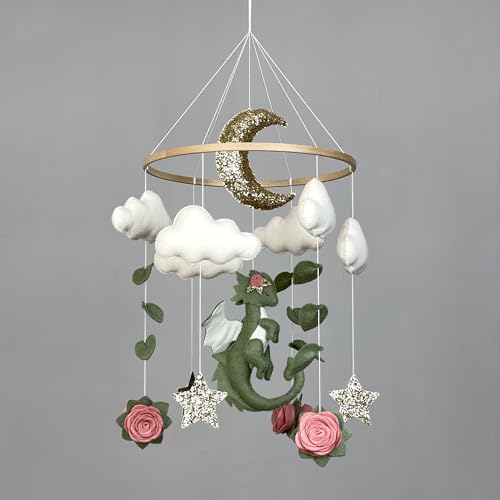Image of Dragon mobile for baby girl Baby dragon nursery mobile Fantasy nursery decoration Baby crib mobile Flower mobile Green dragon mobile crib Felt hanging mobile New baby girl gift Fantasy baby shower