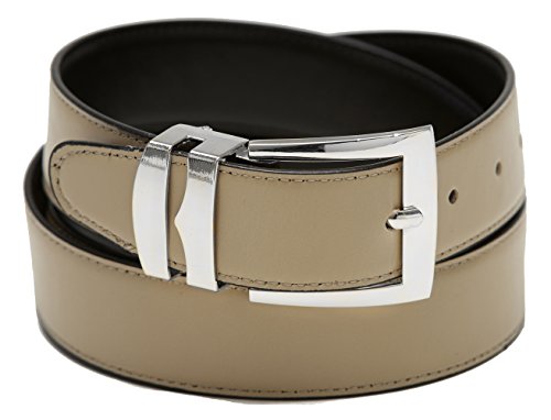 Men's Belt Reversible Wide Bonded Leather Silver-Tone Buckle BEIGE/Black