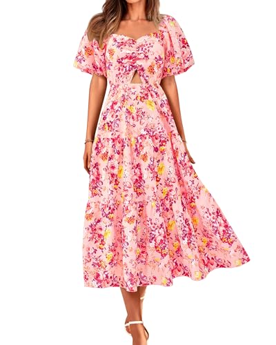 BTFBM Women's Clothing Spring Summer Dresses 2026 Beach Vacation Short Sleeve Smocked Back Boho Casual Floral Maxi Dress