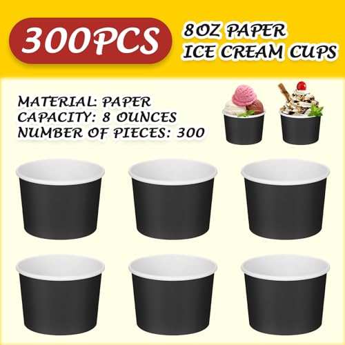 Image of Nuenen 300 Pcs 8 oz Summer Ice Cream Paper Cups Bulk Disposable Dessert Cups Solid Color Paper Dessert Bowls for Snack Sundae Spring Party Favors Ice Cream Bar Supplies (Black)