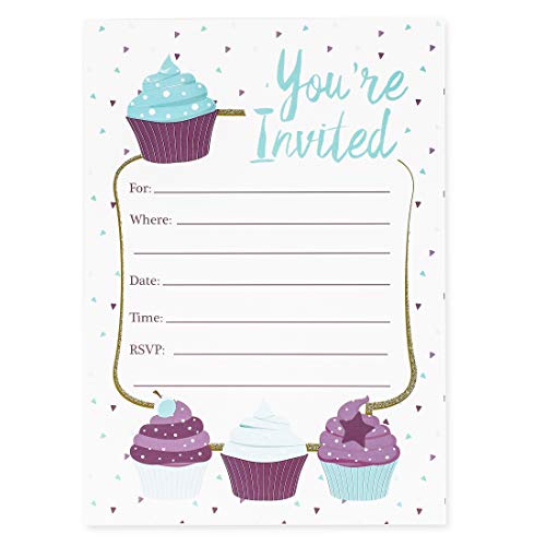 Juvale Cupcake Girl Party Invitations with Envelopes (Set of 24)