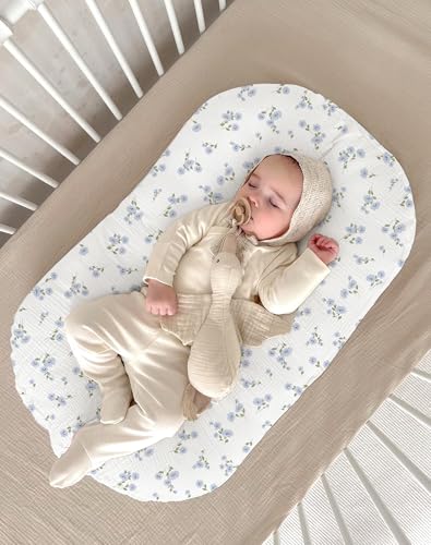 Image of Muslin Baby Lounger Cover 2 Pack, Soft Breathable Newborn Lounger Pillow Cover for Boys Girls Infant (Bluebell Bloom)