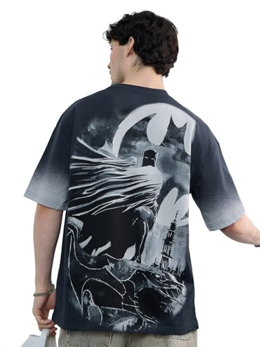 Image of The Souled Store Batman: to The Rescue Men and Boys Short Sleeves Round Neck Grey Graphic Printed Cotton Oversized T-Shirts