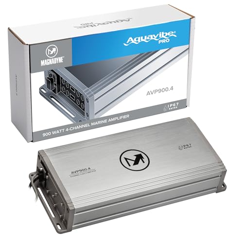 Magnadyne AquaVibe Pro AVP900.4 4-Channel Class D Marine Amplifier, IP67 Wet-Rated, 900W RMS, Boat, Motorcycle, RV, Off-Road Audio with Full Variable Crossover