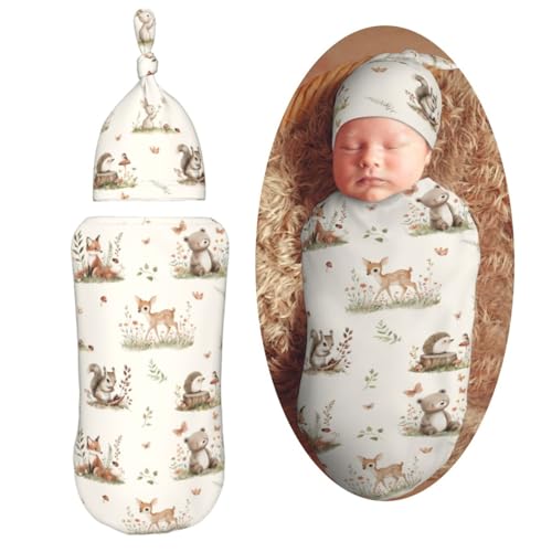 Image of Cute Cartoon Animal and Botanical Print Swaddle Blanket with Beanie Hat Set Newborn Swaddle Wrap Soft Baby Receiving Blankets Baby Swaddle Blanket for Baby Boys and Girls