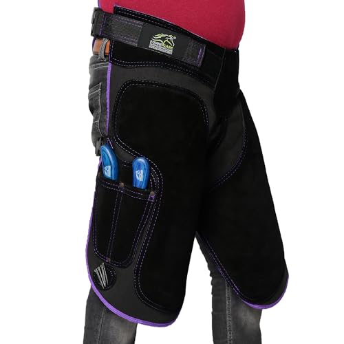Image of Equine Care Women's Farrier Apron Chaps 23″ - Leather & Canvas, Adjustable 28-52″ Waist, EVA Padded Knees, Lumbar Support, 4 Knife Pockets & Nail Magnets for Hoof Trimming (Black with Purple Piping)