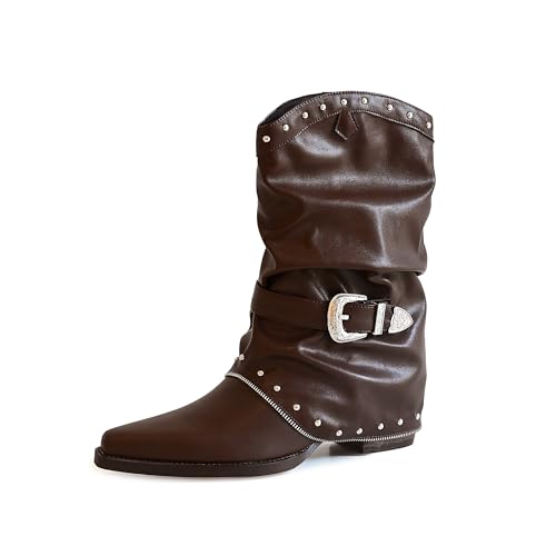 JANSEVEN Women Western Boots Mid Culf Cowgirl Boot Fold Over Casual Boots with Chunky Heel Fashion Slouchy Boot Pull On