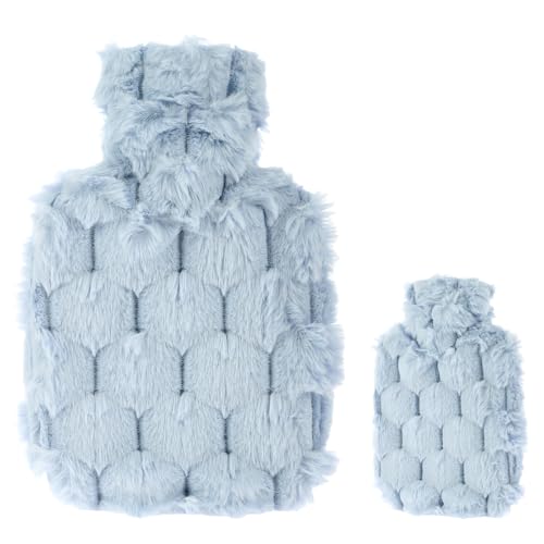 Hot Water Bottle, 500ml Small Hot Water Bottle with Cover, Warm Water Bag with Luxury Cosy Faux Fur Cover 2-in-1 Water Bag for Cold & Hot Compress Mini Hot-Water Bag for Women Seniors (Blue)
