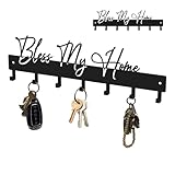 ShowMtheM Exquisite Fashion Phrase Key Holder Wall Mount,Bless My Home Key Kooks for Wall Decoration,Black Metal Key Hanger with 7 Kooks for Entryway,Office,Living Room Decor