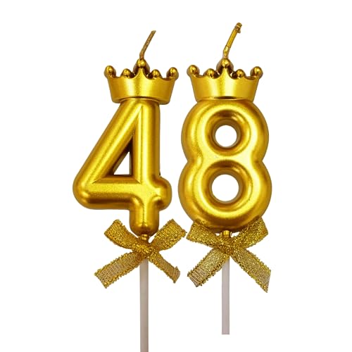 Image of 2 Pc 48 Number Candle for Birthday Cake Metallic 48th Birthday Cake Decoration Forty Eight Candle with Crown on Top Cake Topper 0-9 Number Candles for Anniversary (Pack of 2, Gold)