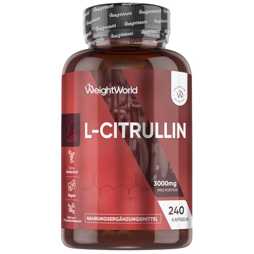 L-Citrullin 3000mg pro Portion - 240 vegane Citrulline Kapseln - 4 Kapseln täglich - Frei von Magnesiumstearat & Gentechnik - WeightWorld