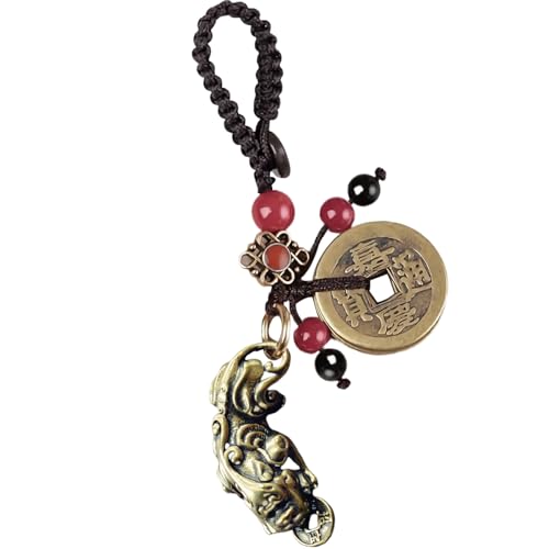 Yisinar Abalorios de gato de la suerte, llavero de latón Maneki Neko con monedas de Feng Shui, estatua de Buda de gatito de buena suerte, Brave Troops/Pixiu, as pic show