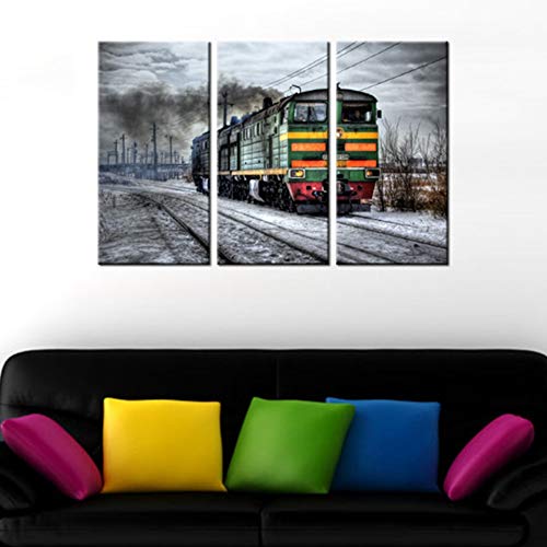 Tableau sur Toile HD triptyque haut de gamme train rétro paysage de collection avec cadre mural