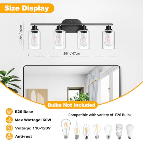 Image of Unicozin Bathroom Light Fixtures, 4 Light Vanity Lights for Bathroom, Black Wall Lamp with Clear Glass for Mirror, Living Room, Hallway, Cabinet, E26 Base