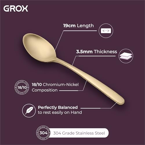 Image of GROX Curve Large Spoon - Set of 6 | Champagne | 20 cm | 304 Stainless Steel 18 /8 | Contemporary Dining Spoon