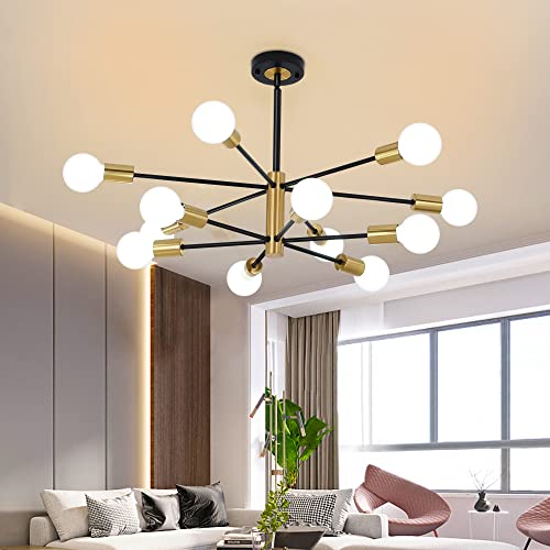 Kamlam Modern 12-Light Sputnik Chandelier,Mid Century Black And Gold Sputnik Chandeliers,Height Adjustable Pendant Lighting Fixture For Bedroom Dining Room Living Room Kitchen Island & Farmhouse #TOP4