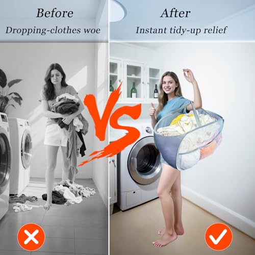 Image of Collapsible Laundry Baskets 2 Pack, Mesh Pop Up Hamper with Handles, Portable Stair Basket, Dorm or Room Folding Bin, Dirty Clothes Hamper Light Breathable. Grey. 2H
