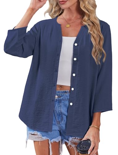Image of OFEEFAN Button Down Shirts for Women 3 /4 Length Sleeve Tops V Neck Blouses Business Casual Outfits Loose Fit