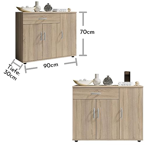 Stella Trading LILLY Kommode in Sonoma Eiche Optik - Modernes Sideboard mit viel Stauraum für Ihren Wohnbereich - 90 x 70 x 30 cm (B/H/T)