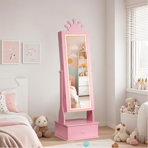 Garvee Kids Jewelry Cabinet with Full-Length Mirror, Freestand Mirror with Storage Drawers, Kids Vanity Dress Up Mirror with Jewelry Organizer, 46" Jewelry Armoire for Bithday/Christmas(Pink)