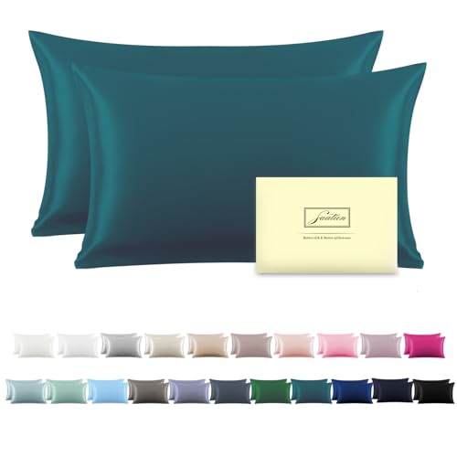 Silk Pillow Cases 2 Pack Soft Breathable and Sliky King Size Pillow Cases Set of 2,Natural Mulberry Satin Silk Pillowcase with Hidden Zipper for Hair and Skin (Teal,20"X 36",2pcs)