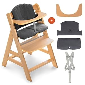 hauck Hochstuhl Alpha+ - Mitwachsender Holz-Kinderhochstuhl, höhenverstellbar, mit Sitzkissen, Schutzbügel & Gurt ab 6 Monaten - Natur
