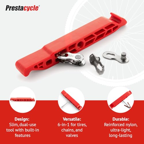 Image of Prestalever GO 4-in-1 Multi-Function Tire Lever Tool - ConGO Red (single) - Tire Remover & Installer, Presta Valve Core Tool, Quick-Link Chain Breaker, Lightweight Nylon Bike Repair