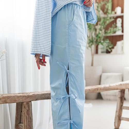 Image of Y2K Gingham Pants for Women Bow Tie Side Slit Wide Leg Lounge Bottom Plaid Checkered Loose Fit Going Out Pants