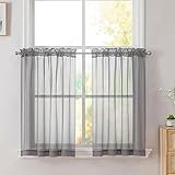 Simplebrand Grey Short Sheer Kitchen Curtains 36 inch Length Tier Curtains Rod Pocket Sheers Cafe Curtains Sheer Drapes Half Window Curtain for Bathroom Small Windows 42 X 36 Inch, Grey, 2 Panels