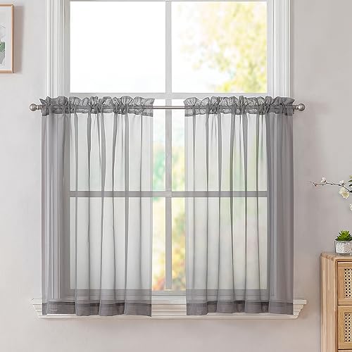 Simplebrand Grey Short Sheer Kitchen Curtains 36 inch Length Tier Curtains Rod Pocket Sheers Cafe Curtains Sheer Drapes Half Window Curtain for Bathroom Small Windows 42 X 36 Inch, Grey, 2 Panels