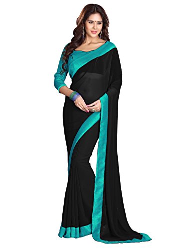 Sourbh Women's Bollywood Style Fancy Solid Sari with Blouse Piece (Black, Turquoise Blue, OneSize)