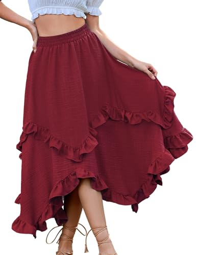 Bridesmay Renaissance Fairy Skirt 2025 Asymmetrical Ruffle Hem Elastic Waisted Long Maxi Skirts for Women
