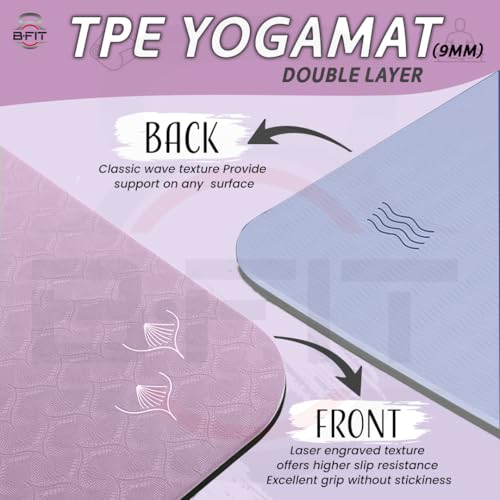 Image of B Fit Extra Wide 36x72 Inchs 9 MM Thick Original TPE Yoga Mat - Free Yoga Bag and Strap Included - With Alignment System, Non-slip, Eco-friendly, sweat-resistant (Dark Purple-Ligt Blue)