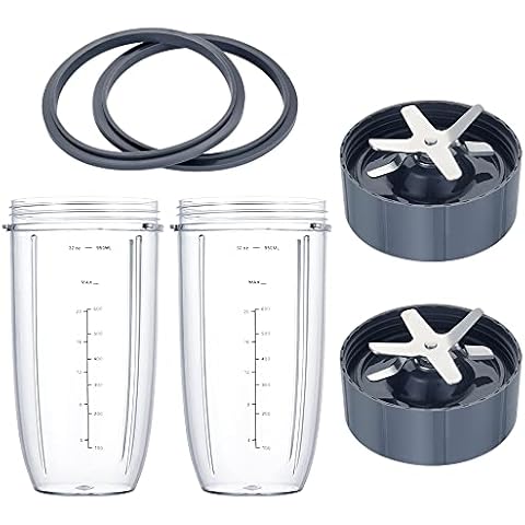 Replacement Parts for Nutribullet 32OZ Cups 2Pcs and 2 Rubber Gaskets 2Pcs Replacement Extractor Blade Compatible with NutriBullet 600W/900W Blenders (6 PCS) Cover