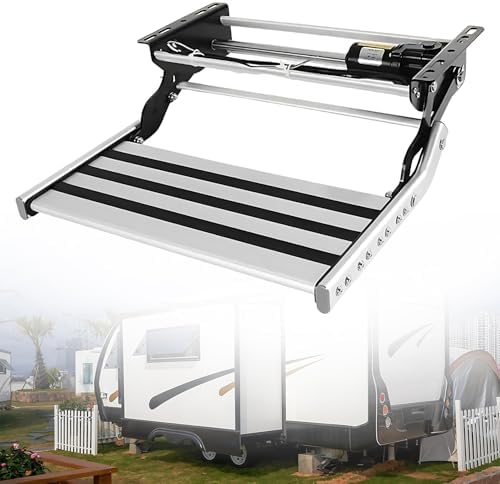 19in Wide Folding RV Step - Electric Double Layer Aluminium Alloy Entry Stair with Anti-Slip Surface & LED Lights - Supports 440LBS/200kg for Camper & Trailer