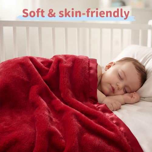 Image of Pro Goleem Fleece Baby Blanket with 2 Inch Satin Trim Soft Anti-Static Plush Blanket for Boys and Girls Christmas Baby Gifts for Babies 30''x40''，Red