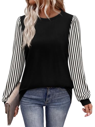 Business Casual Tops for Women Long Sleeve Shirts Fall Clothes Striped S | Winter clothing, resort wear 2026, puff sleeve, crewneck, tunic tops for leggings, teacher outfits - image 1