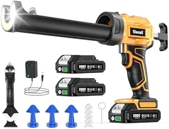Electric Caulking Gun, Cordless Caulking Gun with 2x 2000mAh Batteries, 9Pcs Silicone Caulking Tools, 4 Adjustable Speeds, LED Light, 10OZ Battery Silicone Gun for Filling, Sealing (Yellow)