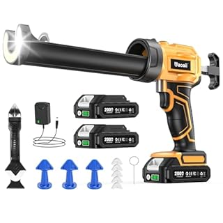 Uaoaii Electric Caulking Gun, Cordless Caulking Gun with 2x 2000mAh Batteries, 9Pcs Silicone Caulking Tools, 4 Adjustable Speeds, LED Light, 10OZ Battery Silicone Gun for Filling, Sealing (Yellow)