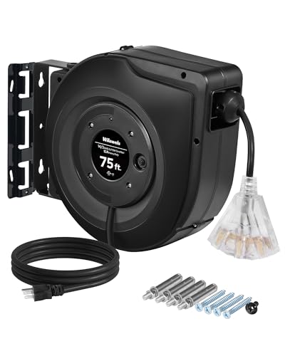 WILAWELS Retractable Cord Reel, 75 FT Heavy Duty Extension Cord, 14AWG/3C SJTOW, 3 Grounded Outlets Lighted Triple Tap, 10A Circuit Breaker, Wall/Ceiling Mounted, UL Listed, Black H75CR06