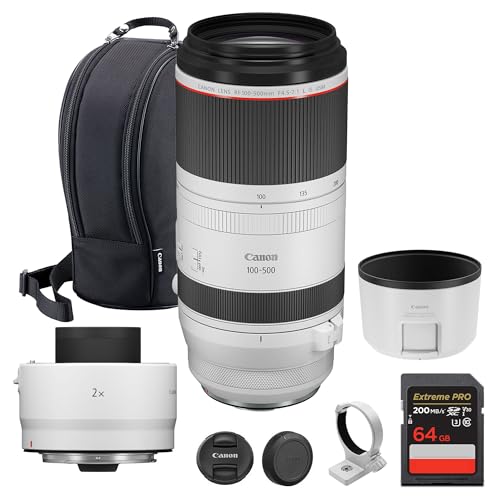 Canon RF 100-500mm f/4.5-7.1L is USM Lens – Full-Frame Telephoto Zoom Lens with Image Stabilization & Fast Autofocus for Wildlife (4112C002) + Canon Extender RF 2X + 64GB Memory Card