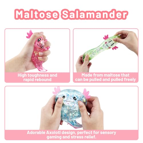 3 Stück Axolotl Squeeze Stress Spielzeug– Stressabbau & Entspannung, Glitzernde Axolotl Antistress Spielzeug Squishy, Squishy Squeeze Toys, Fidget Toys(Grün, Blau, Pink) für Kinder Erwachsener