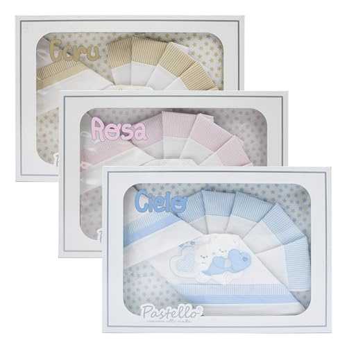 PASTELLO - 3-teiliges Kinderwagen, 100 % Baumwolle für Neugeborene, Bettwäsche mit Stickerei (Art. LC9E. CIELO)