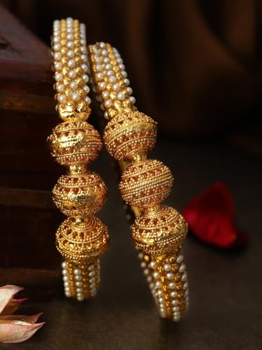 Image of Rubans Set of 2 22K Gold-Plated Stylish Stone Studded Traditional Bangles for Womens & Girls