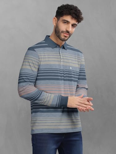 Image of BULLMER Striped Textured Printed Polo Neck Fullsleeve T-Shirt with Rib for Men