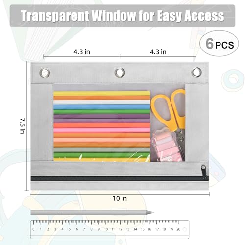 Image of Lanpn Pencil Pouch for 3 Ring Binder 6 Pack, Aesthetic Binder Pen Holder with Zipper, 3 Holes Pencil Bags Organizer for Boy Girl Kids School Student, Reinforced Grommets & Clear Window, Grey