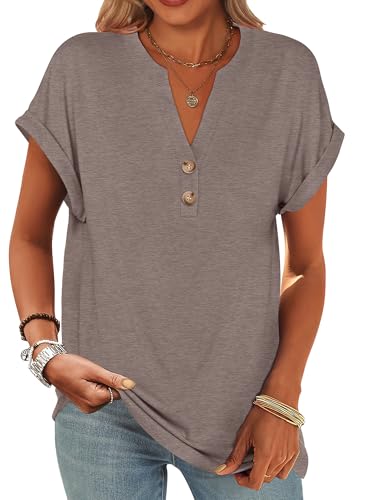 Image of ANRABESS Womens Short Sleeve Henley Tops V Neck Dressy Casual Blouses Summer Trendy Tee Shirts 2026 Vacation Fashion Clothes