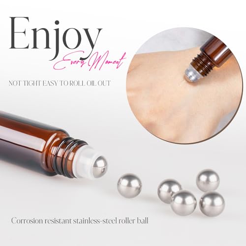 ZEJIA 10ml Roller Bottles for Essential Oils, 4 Pack Glass Roll on Bottles, Refillable Perfume Bottle, with Stainless Steel Roller Balls, 2 Droppers, 1 Opener, Labels (Amber)3